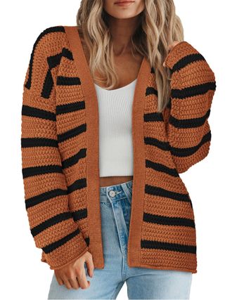 PrettyGarden Womens 2024 Fall Striped Open Front Cardigan Sweaters Chunky Knit Long Sleeve Loose Trendy Winter Cardigans, Striped Brown Black, M