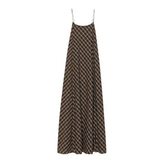 Pomandere Maxi Dresses, female, Brown, Size: XS Abito lungo svasato con bretelle sottili in tela di cotone check
