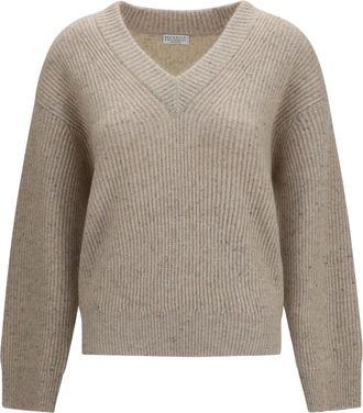 Brunello Cucinelli Jersey de Cachemira y Mohair con Cuello en V - Knitwear - Hombre - Beige - S