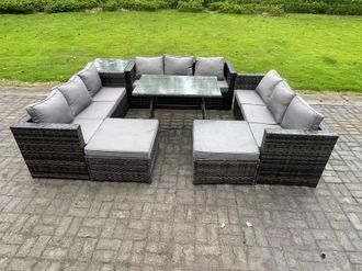 Fimous 11 Seater Rattan Outdoor Furniture Lounge Sofa Garden Dining Set with Dining Table Side Table Footstools in Dark Grey