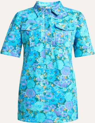 Chlo&eacute; Floral Cotton Twill Short-Sleeve Mini Shirtdress