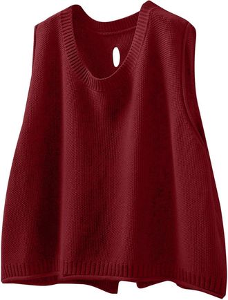 Generic Womens Sleeveless Jumpers V Neck Loose Fit Pullover Sweater Lightweight Casual Plain Autumn Knitted Vest(Red, XXL)