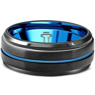 Pompeii3 Mens Black & Blue Tungsten Ring Brushed Beveled Step Cut Wedding Band