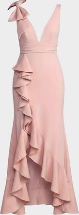 Mac Duggal Plunging High-Low Ruffle Crepe Gown