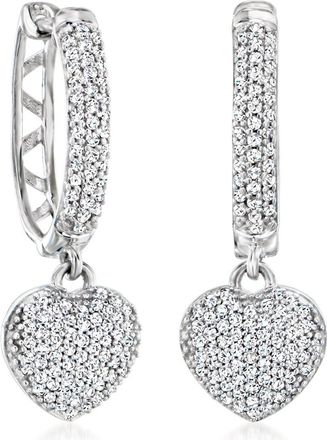 Ross-Simons Pave Diamond Heart Hoop Drop Earrings in Sterling Silver
