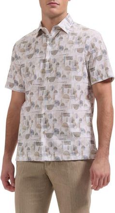 Bugatchi Vero Shaped Fit Geometric Print Short Sleeve Button-Up Shirt in Khaki at Nordstrom, Size Xx-Large