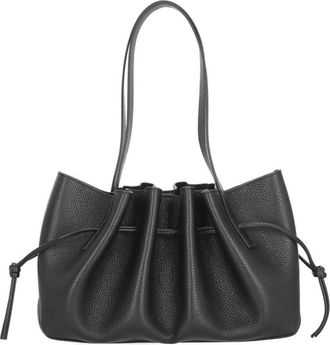 Yuzefi Draped Black Leather Shoulder Bag With Scalloped Structure