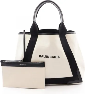 Balenciaga Black Ivory Canvas Leather Handbag Pouch Tote Bag (Pre-Owned)