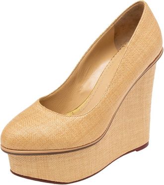 Charlotte Olympia Cream Yellow Raffia Carmen Wedge Platform Pumps