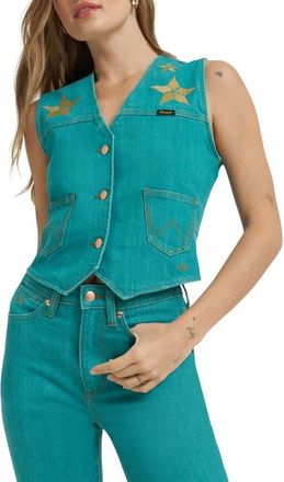 Wrangler x Lainey Wilson Embroidered Denim Vest in Turquoise at Nordstrom, Size X-Large