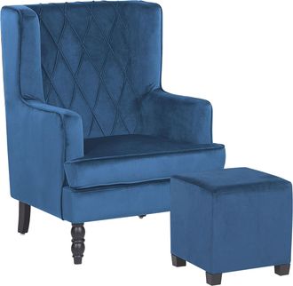 Beliani Beliani - Sill&oacute;n Con Reposapi&eacute;s Tapizado En Tela De Terciopelo Azul Con Patas De Madera Butaca Silla Orejera Sandset