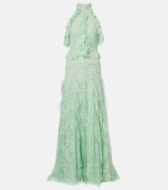 Costarellos Embellished halterneck lace gown