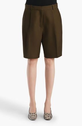 Khaite Auggie Pleated Wool & Silk Wide Leg Shorts in Dark Olive at Nordstrom, Size 4