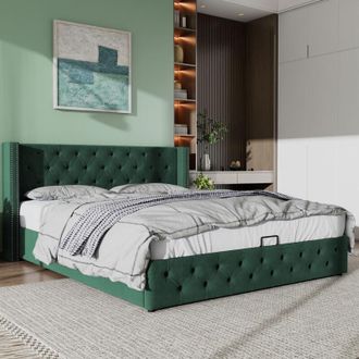 C&A Green Velvet Hydraulic Storage Bed,135190cm,Stylish and Functional Upholstered Design