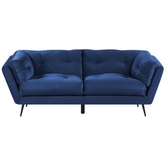 Beliani Sof&aacute; 3 Plazas Tapizado En Terciopelo Azul 210 X 90 Cm Patas De Metal Cojines Adicionales Retro Lenvik