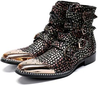 Generic Mens Genuine Leather Cowboy Boots Western Dress Boots with Metal Toe Buckles Mid-Calf Party Rock Motorcycle Boot (Black,7.5)