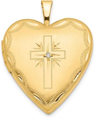 Diamond2Deal 14k Yellow Gold Diamond Satin and Diamond-cut Cross 20mm Heart Locket