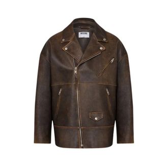 Moschino Nappa Leather Biker Jacket Smiley - male - Moschino - Leather Jackets - Brown - XL - Jackets