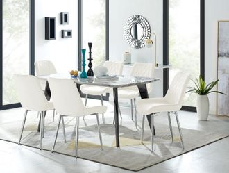 Furniturebox Andria Marble Effect Dining Table With Black Legs & 6 Pesaro Velvet Silver Leg Chairs in Cream