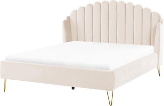 Beliani Cama Con Somier De Terciopelo 160 X 200 Cm Cabecero Beige Ambillou