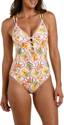 La Blanca Palm Lace-Up Underwire One-Piece Swimsuit in White Multi at Nordstrom, Size 16