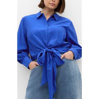 City Chic Elena Tie Waist Button-Up Shirt in Cerulean at Nordstrom, Size Xxxs