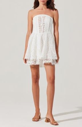 ASTR the Label Deasia Eyelet Embroidery Strapless Minidress in White at Nordstrom Rack, Size Large