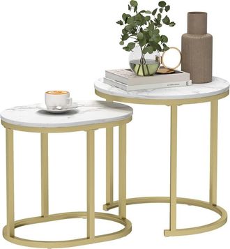 HOMCOM Homcom - 2 Pcs Coffee Table with Faux Marble Side Accent Tables White