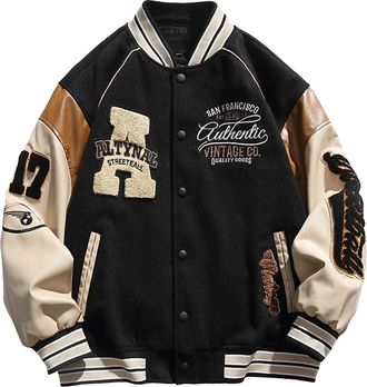 Generic Men Varsity Jacket Color Block Letter Print College Baseball Jackets Vintage Outwear with Pockets Unisex Coat Patchwork Top Fall Bomber Biker Jacket O