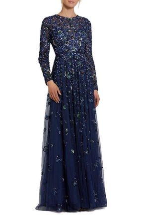 Mac Duggal Womens Embellished High Neck Long Sleeve A Line Gown in Navy at Nordstrom, Size 10