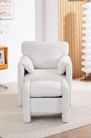 Living and Home Chenille Upholstered Armchair with Footstool in White