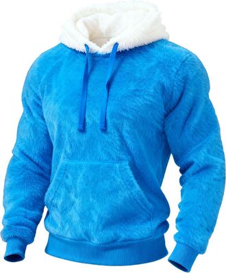 Generic Mens Brown Fuzzy Fleece Hoodie with White Sherpa Lined Hood and Kangaroo Pocket Ultra Soft Winter Sweatshirt For Indoor Outdoor (Sky Blue, L)