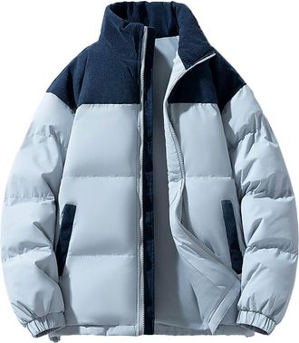 Generic Mens Outdoor Jackets Mens Winter Plus Size Solid Color Zipper Pocket Thick Warm Padded Jacket Hoodless Coat Thick Coat (Blue, XXL)