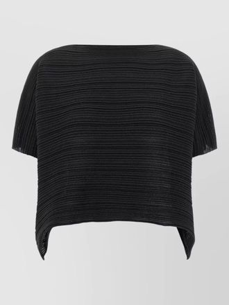 Pleats Please Issey Miyake ribbed cropped boat neck short sleeve knitted top