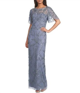 Adrianna Papell Formal Beaded Mesh Long Petal Dress In Cool Wisteria