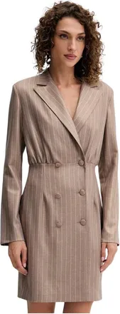 Fracomina Kleedjes, Dames, Beige, M, Leer, Gestreepte Double-Breasted Jurk