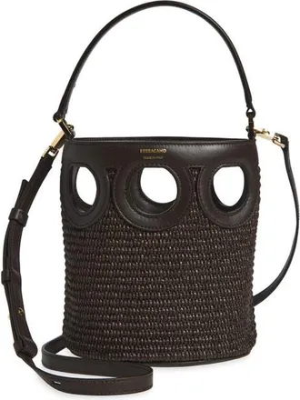 Ferragamo Mini Gancio Outline Raffia Bucket Bag in T Moro/testa Di Moro at Nordstrom