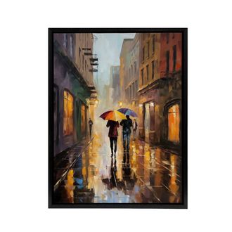 Artery8 Couple With Umbrellas Rainy Cityscape Framed Canvas Wall Art Print | Size: W24 x H32