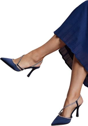 Coast Kimmie Satin Diamante Asymmetric Strap Pointed High Stiletto Heel Court Shoes, 3, Navy