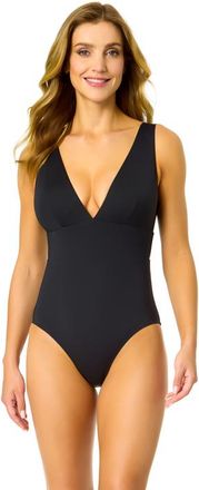 Anne Cole Womens Live In Color Solid Plunge Front One Piece Swimsuit in Black at Nordstrom, Size 10