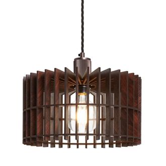 Industville Rift Slatted Wooden Drum Pendant Light - Dark in Bronze | Size: Medium