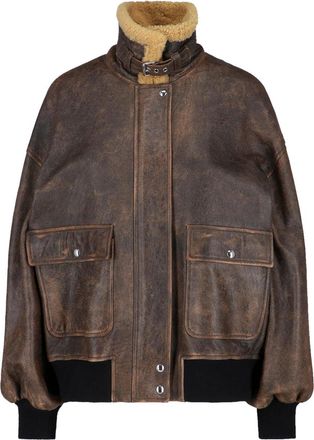 Khaite Distressed Brown Leather Jacket with Shearling Collar