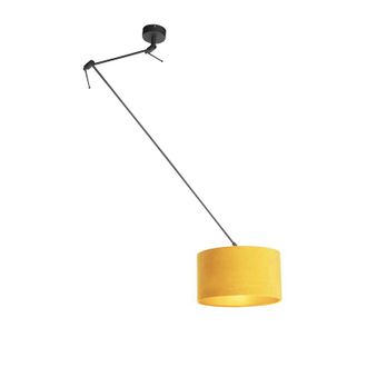 QAZQA R&uacute;stico L&aacute;mpara Colgante Negra Con Pantalla De Terciopelo Ocre Con Dorado 35 Cm - Blitz Textil /acero Cil&iacute;ndra /alargada /redonda Adecuado Para Led Ma
