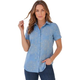 Roaman's Plus Size Kate Short Sleeve Easy Cotton-Blend Button-Front Shirt in Blue Dot Medallion at Nordstrom, Size 32