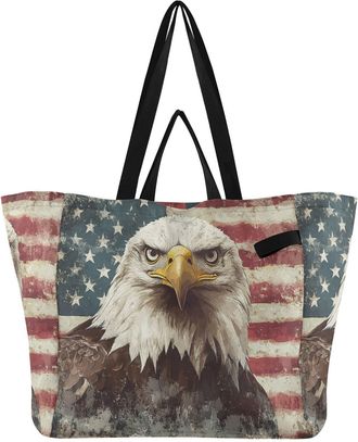 Generic Flag Usa Hawk Beige print Reusable Canvas Tote Bag, Heavy Duty Grocery Shopping Bag with Large Capacity Hard Bottom Double Handles Work Groceries Trav