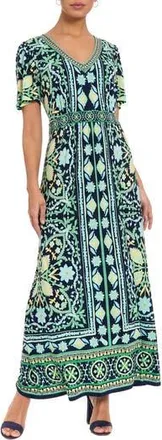 London Times V-Neck Short Sleeve Maxi Dress in Navy/Green at Nordstrom Rack, Size Medium