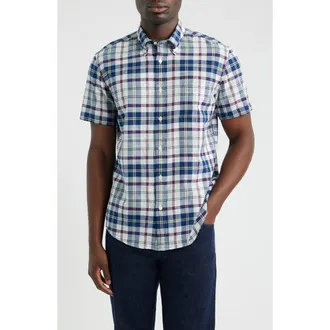 Brooks Brothers Madras Plaid Short Sleeve Button-Down Shirt in Ivorymulti at Nordstrom, Size Small