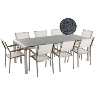 Beliani Set da Giardino Tavolo Piano Granito Grigio 8 Sedie Bianche 220 x 100 cm Grosseto