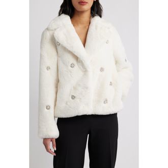 CeCe by Cynthia Steffe Rhinestone Button Faux Fur Jacket in Ivory at Nordstrom, Size X-Large