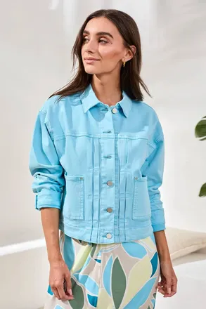 Tribal Comfort Stretch Denim Button-Front Jacket In Aqua